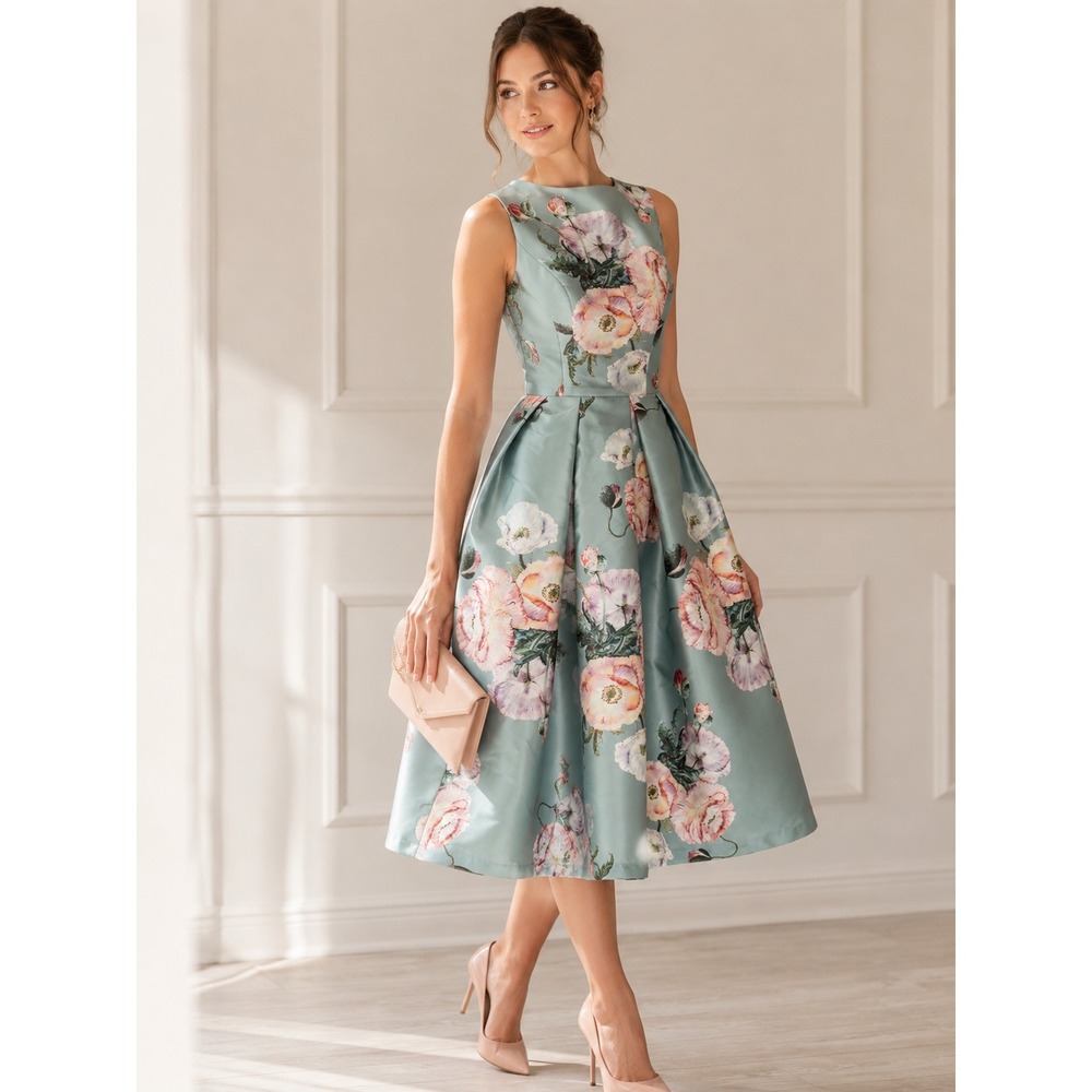 Chi Chi London Floral Satin Midi Dress Sage Green Pink Poppy Pockets XS UK 6